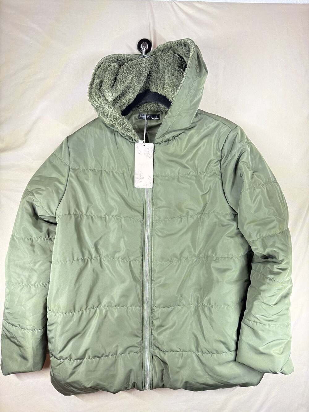 EMERY ROSE Puffer Jacket Size L Olive Green Sherpa Lined Hood NWT